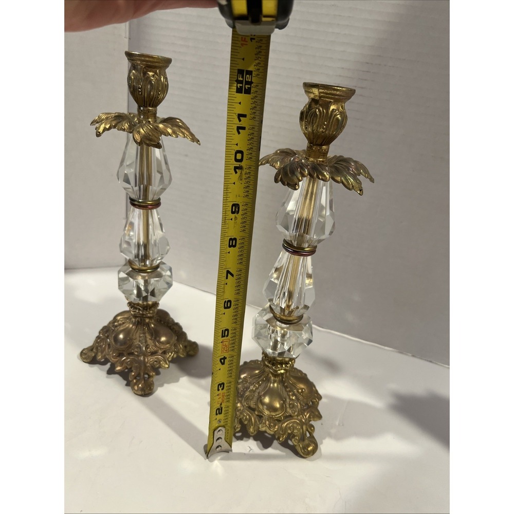 VTG Antique Victorian Brass Figural Crystal Hollywood Regen Candlestick Holders - Picture 6 of 6
